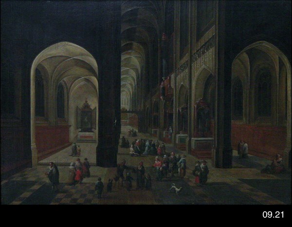 manner of Peeter Neefs the Elder, Flemish, 1577-1661, Interior of a Gothic Church, 1630/1640, Oil on oak panel, Unframed: 10 3/8 × 14 1/2 inches (26.4 × 36.8 cm)