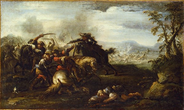 Jacques Courtois, French, 1621-1676, A Battle Scene, 17th Century, oil on canvas, Unframed: 13 3/8 × 22 inches (34 × 55.9 cm)