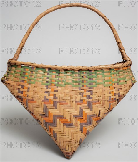 Choctaw, Native American, Basket with Handle, between 1890 and 1910, cane and aniline dye, Overall: 14 1/2 × 2 3/4 × 10 1/4 inches (36.8 × 7 × 26 cm)