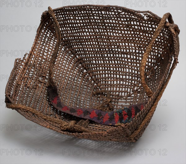 Salish, Native American, Burden Basket with Strap, between 1890 and 1910, willow and wool yarn, Overall: 10 1/2 × 16 × 13 3/4 inches (26.7 × 40.6 × 34.9 cm)