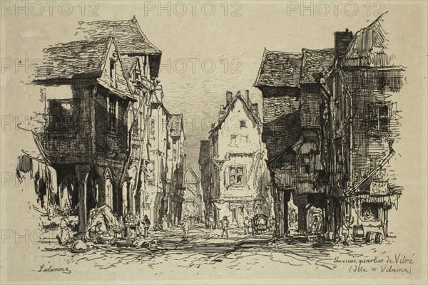 Maxime François Antoine Lalanne, French, 1827-1886, Un vieux quartier de Vitre, 1879, etching printed in black ink on japan paper mounted on paperboard, Plate: 7 7/8 × 11 1/8 inches (20 × 28.3 cm)