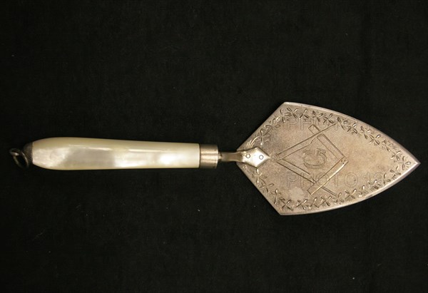 Unknown (American), Mason's Trowel, 1884, silver blade with mother-of-pearl handle, Overall: 6 1/2 inches (16.5 cm)