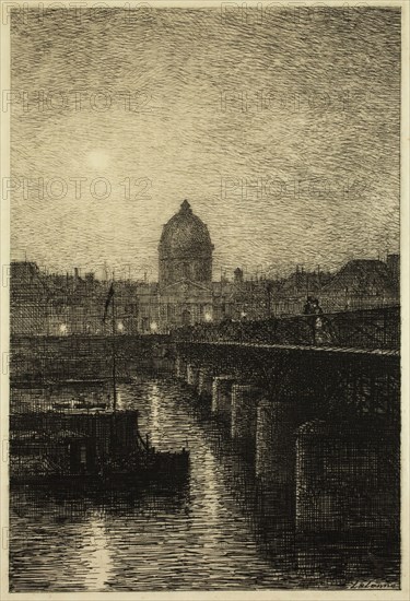 Maxime François Antoine Lalanne, French, 1827-1886, Le Pont des Arts et l'Institut, 1869, etching printed in black ink on tissue paper, Plate: 8 1/2 × 5 3/4 inches (21.6 × 14.6 cm)