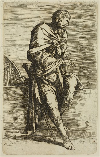 Salvator Rosa, Italian, 1615-1673, Soldier Seated on a Wall, 17th century, etching printed in black ink on laid paper, Sheet (trimmed within plate mark): 5 5/8 × 3 1/2 inches (14.3 × 8.9 cm)