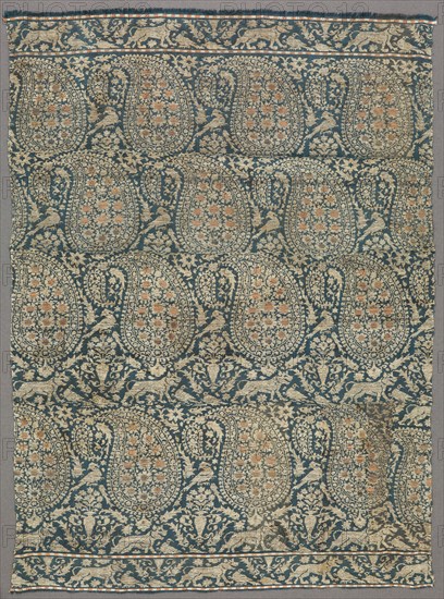 Islamic, Iranian, Textile Fragment, 1700's, Silk threads, metal threads., Length x width: 23 x 17 in.