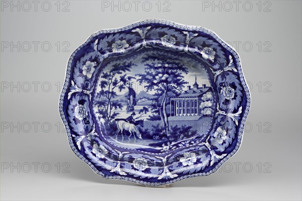 William Ridgway, English, 1788-1864, Mt. Vernon near Washington Flat Dish, between 1825 and 1830, white earthenware with blue transfer-printed decoration, Overall: 2 × 11 1/4 × 9 3/4 inches (5.1 × 28.6 × 24.8 cm)