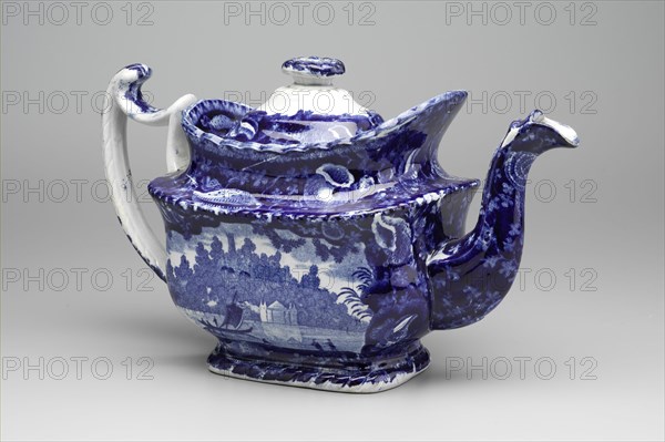 Wadsworth Tower (Connecticut) Teapot, between 1820 and 1840, white earthenware with blue transfer-printed decoration, Overall: 6 3/4 × 10 5/8 × 5 inches (17.1 × 27 × 12.7 cm)