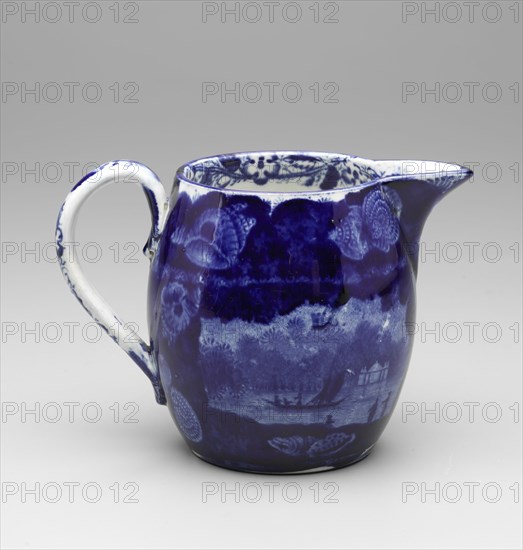 Wadsworth Tower, Connecticut Creamer, between 1820 and 1840, white earthenware with blue transfer-printed decoration, Overall: 3 1/4 × 4 5/8 × 3 1/4 inches (8.3 × 11.7 × 8.3 cm)