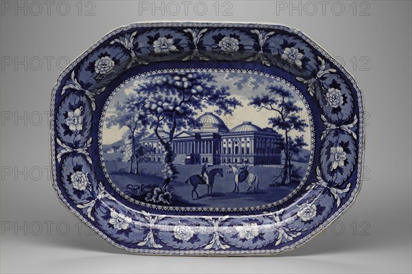William Ridgway, English, 1788-1864, Capitol, Washington Platter, ca. 1832, white earthenware with blue transfer-printed decoration, Overall: 2 × 21 × 15 1/2 inches (5.1 × 53.3 × 39.4 cm)