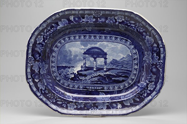 Arms of Georgia Platter, between 1826 and 1830, white earthenware with blue transfer-printed decoration, Overall: 1 3/8 × 13 × 10 inches (3.5 × 33 × 25.4 cm)