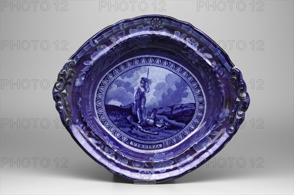 Arms of Virginia Flat Dish, between 1826 and 1830, white earthenware with blue transfer-printed decoration, Overall: 2 3/4 × 12 1/4 × 10 5/8 inches (7 × 31.1 × 27 cm)