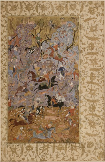 Islamic, Iranian, Manuscript Folio with a Hunting Scene, 1585/1590, Ink, colors and gold on paper, image size: 10 5/8 x 6 in.