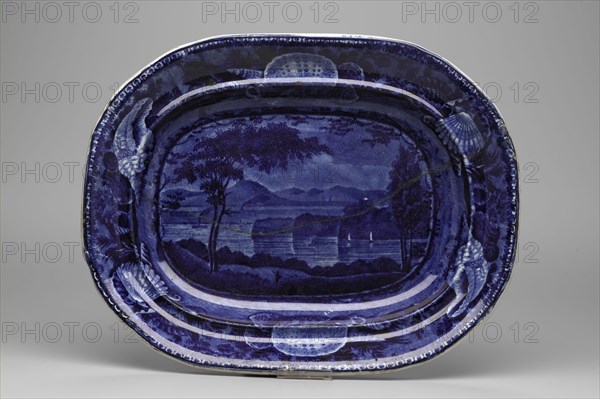 Catskill Mountains, Hudson River Platter, between 1820 and 1840, white earthenware with blue transfer-printed decoration, Overall: 1 1/2 × 10 7/8 × 8 1/2 inches (3.8 × 27.6 × 21.6 cm)