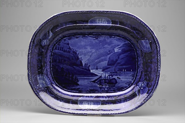 Highlands, Hudson River Platter, between 1820 and 1840, white earthenware with blue transfer-printed decoration, Overall: 1 3/4 × 12 3/4 × 10 inches (4.4 × 32.4 × 25.4 cm)