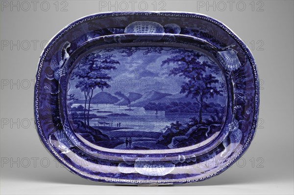 Lake George, State of New York Platter, between 1820 and 1840, white earthenware with blue transfer-printed decoration, Overall: 1 7/8 × 14 7/8 × 11 1/2 inches (4.8 × 37.8 × 29.2 cm)