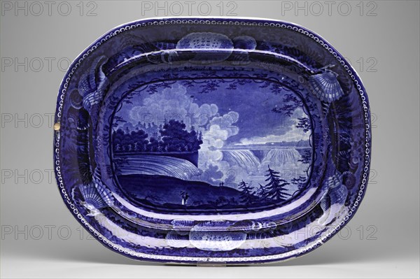 Niagara Falls from the American Side Platter, between 1820 and 1840, white earthenware with blue transfer-printed decoration, Overall: 1 7/8 × 14 3/4 × 11 1/2 inches (4.8 × 37.5 × 29.2 cm)