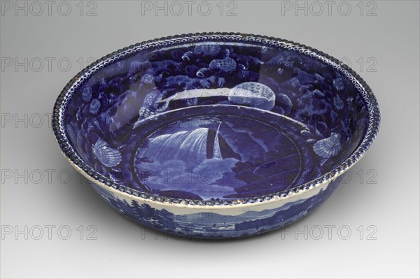 Table Rock, Niagara Bowl, between 1820 and 1840, white earthenware with blue transfer-printed decoration, Overall: 2 3/4 × 11 3/8 inches (7 × 28.9 cm)