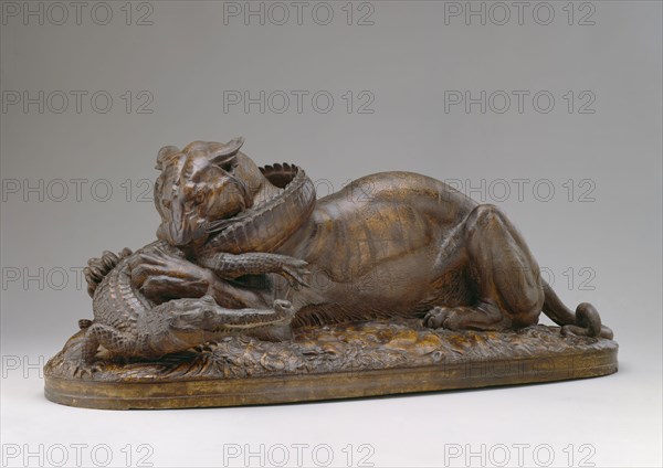 Antoine Louis Barye, French, 1796-1875, Tiger Devouring a Gavial, 1831, plaster with polychrome and patinated decoration, Overall: 16 7/8 × 41 3/4 × 16 1/2 inches (42.9 × 106 × 41.9 cm)