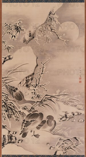 Nakabayashi Chikuto, Japanese, 1776-1853, Ducks in the Winter Moonlight, between early and mid-19th century, Ink on silk, Overall: 96 × 43 3/4 inches (243.8 × 111.1 cm)