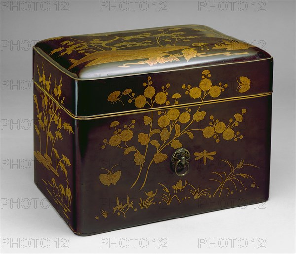 Unknown (Japanese), Noh Theater Mask Box, 17th Century, Lacquer on wood with makie (sprinkled gold powder) and metal fittings, Overall: 10 5/8 × 13 7/8 × 9 5/8 inches (27 × 35.2 × 24.4 cm)