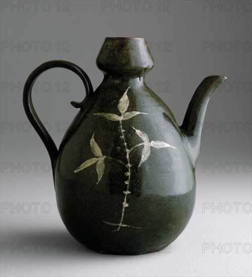 Unknown (Korean), Ewer with Ginseng Plant Design, 12th - 13th century, Stoneware with slip decoration and celadon glaze, Overall: 8 1/2 × 8 1/4 × 5 3/4 inches (21.6 × 21 × 14.6 cm)