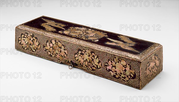 Ryukyuan, Japanese, Box with Design of Phoenixes and Lotus Blossoms, early 17th Century, Lacquered wood with mother-of-pearl inlay and metal, Overall: 3 1/4 × 17 1/2 × 5 1/8 inches (8.3 × 44.5 × 13 cm)