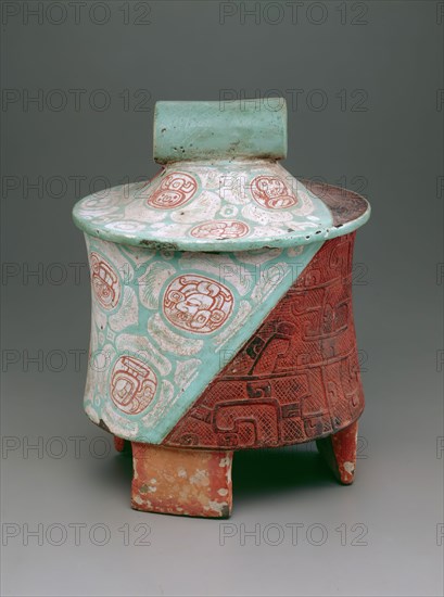 Maya, Precolumbian, Tripod Vessel with Slab-legs, between 300 and 600, earthenware with stucco and polychrome pigments, Overall: 10 1/2 × 8 inches (26.7 × 20.3 cm)