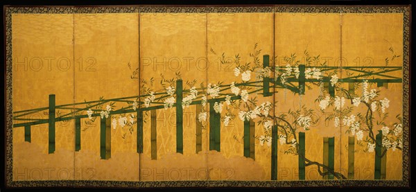 Unknown (Japanese), Blue and White Wisteria on a Bamboo Trellis, early 17th century, ink and color paint on gold leaf covered paper, Overall (fully open): 67 1/4 × 148 1/4 inches (170.8 cm × 3 m 76.6 cm)