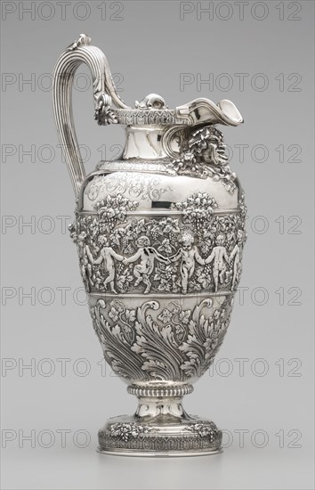 Tiffany and Company, American, established 1837, Pitcher, ca. 1893, sterling silver, spun and cast; decoration die-rolled, embossed (repousse) and chased, Overall: 17 3/4 × 7 9/16 × 9 5/8 inches (45.1 × 19.2 × 24.4 cm)