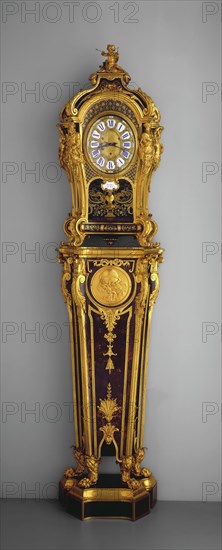 Pedestal Clock, ca. 1720, carcass of oak with veneer of tortoiseshell, tortoiseshell and brass marquetry, and gilt-bronze mounts, Overall: 110 1/4 × 27 1/8 × 13 1/2 inches (280 × 68.9 × 34.3 cm)