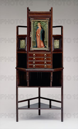 Edward William Godwin, English, 1833-1886, Charles Fairfax Murray, English, 1849-1919, Corner Cabinet, 1873, Rosewood, painted panels, brass, Overall: 74 7/8 × 31 1/8 × 25 1/8 inches (190.2 × 79.1 × 63.8 cm)