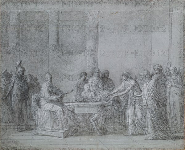Jean-Joseph Taillasson, French, 1745-1809, Berenice Reproaching Ptolemy, c. 1802, Black and white chalk, pencil, and tempera on canvas, 19 1/2 x 23 3/4 (49.5 x 60.3)