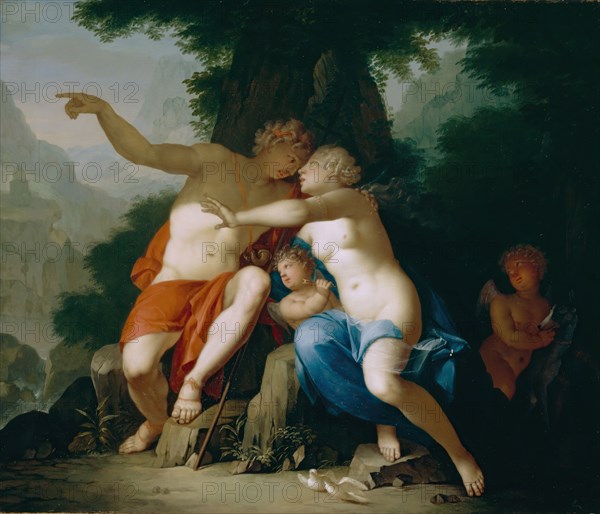 Matthaus Terwesten, Dutch, 1670-1757, Venus and Adonis, c. 1718, oil on canvas, Unframed: 17 5/8 × 20 3/8 inches (44.8 × 51.8 cm)