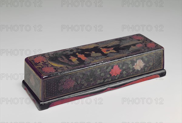 Ryukyuan, Japanese, Oblong Box, 17th Century, Black lacquer on wood with litharge painting, box and cover: 5 x 14 5/8 x 3 in.