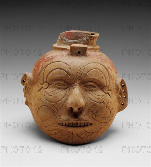 Head Effigy Vessel, between 1300 and 1500, buffware with red slip pigment, Overall: 6 3/8 × 7 × 7 1/4 inches (16.2 × 17.8 × 18.4 cm)