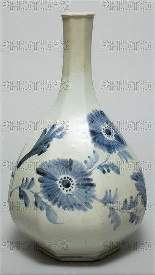 Unknown (Korean), Bottle with Design of Butterfly and Chrysanthemums, 19th Century, Porcelain with blue cobalt decoration and clear glaze, Overall: 11 3/8 × 6 3/4 inches (28.9 × 17.1 cm)