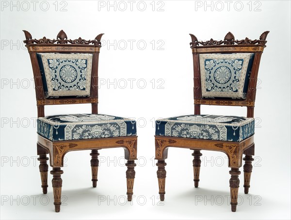 Side Chair, 1841 - 1842, Mahogany inlaid with maple and mahogany, with modern silk upholstery copying the original upholstery, Overall: 39 × 21 1/8 × 19 1/4 inches (99.1 × 53.7 × 48.9 cm)