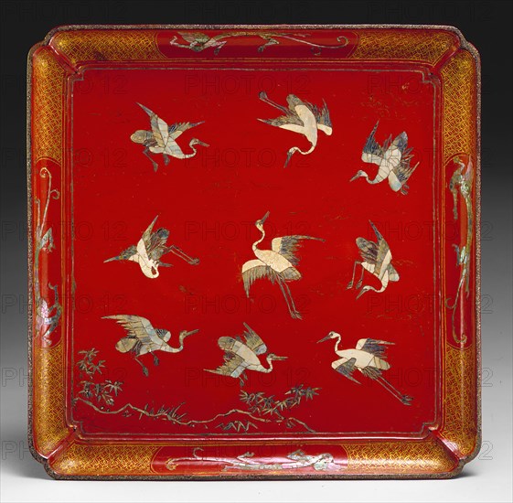 Ryukyuan, Japanese, Tray with Design of Cranes in Flight, 17th Century, Lacquer, wood, mother-of-pearl, gold, Overall: 1 3/8 × 11 3/4 × 11 3/4 inches (3.5 × 29.8 × 29.8 cm)