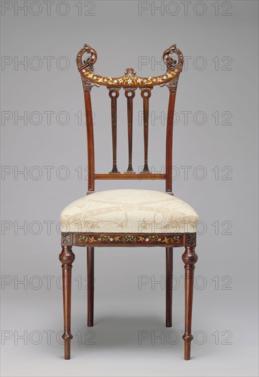 Unknown (American), Aesthetic Chair, between 1885 and 1890, mahogany inlaid with mother-of-pearl, brass, copper, and pewter, Overall: 37 7/8 × 16 1/8 × 19 1/2 inches (96.2 × 41 × 49.5 cm)