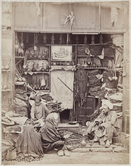 J. Pascal Sébah, Turkish, active ca. 1823-1886, Tobacco and Pipe Shop, Cairo, 19th century, albumen print, Image: 10 3/8 × 8 1/8 inches (26.4 × 20.6 cm)