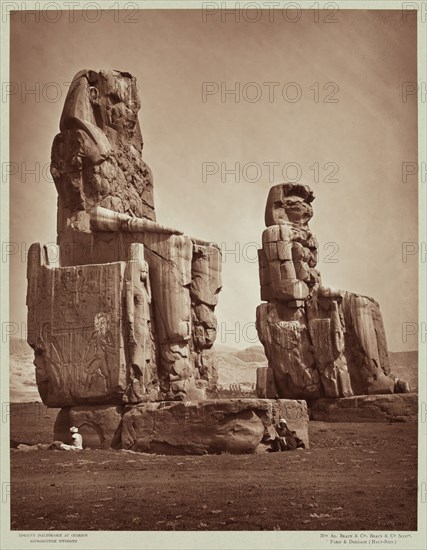 Unknown (French), The Colossi of Memnon, Statues of Amenhophis III. Luxor, West bank (Thebes), ca. 1869, carbon print mounted on board, Image: 13 1/2 × 10 5/8 inches (34.3 × 27 cm)