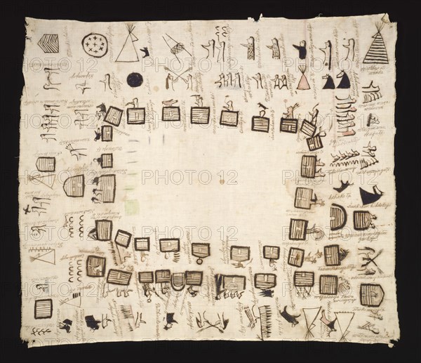 Yanktonai, Native American, Winter Count, 1911, cotton cloth, ink, pigment, Overall: 40 3/4 × 35 1/4 inches (103.5 × 89.5 cm)