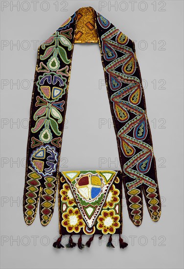Creek, Native American, Shoulder Bag, ca. 1820, wool, cotton, silk and glass beads, Overall: 25 3/4 × 15 1/8 × 1/2 inches (65.4 × 38.4 × 1.3 cm)