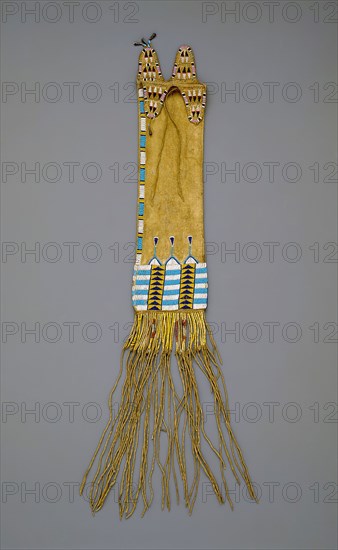 Cheyenne, Native American, Tobacco Bag, c. 1860, deerskin, beads, and quills, Overall: 29 × 4 7/8 × 1/4 inches (73.7 × 12.4 × 0.6 cm)