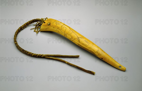 Osage, Native American, Quirt, ca. 1850, engraved elk antler, buffalo rawhide, and brass tacks, Overall: 13 15/16 × 2 1/2 × 1 1/2 inches (35.4 × 6.4 × 3.8 cm)