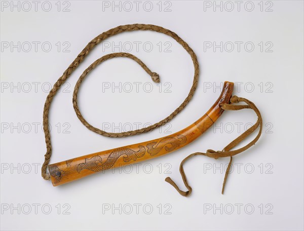 Meskwaki, Native American, Quirt, ca. 1850, engraved elk antler, rawhide, and deerskin, Overall: 11 1/2 × 1 1/4 × 1 1/8 inches (29.2 × 3.2 × 2.9 cm)