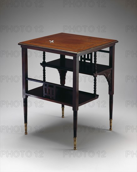 attributed to A. and H. Lejambre, American, 1865 - 1907, Table, ca. 1880, mahogany, rosewood inlaid with brass, pewter, mother-of-pearl, and German silver, Overall: 26 × 20 × 20 inches (66 × 50.8 × 50.8 cm)