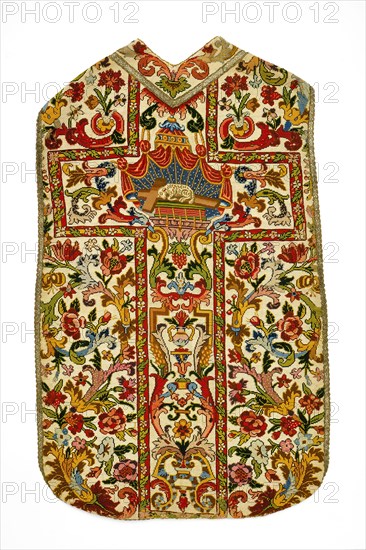 Unknown (French), Chasuble, 19th century, Foundation of linen, plain weave Embroidered in stem (tent) and cross stiches using silk and wool Embroidery: wool and silk on linen plain weave canvas., height x maximum width: 46 x 28 in.