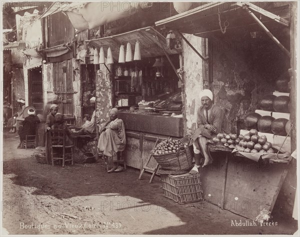 Abdullah Frères, Turkish, active 1858-1899, Boutiques au Vieux Caire, ca. 1880, albumen print, Image: 8 × 10 1/4 inches (20.3 × 26 cm)