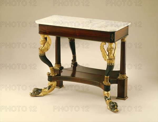attributed to Charles-Honoré Lannuier, American, 1779-1819, Pier Table, ca. 1815, rosewood, marble, brass, gilt and verd antique, Overall: 34 3/4 × 43 × 20 inches (88.3 × 109.2 × 50.8 cm)